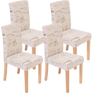 Set van 4 eetkamerstoelen Keukenstoel Littau ~ textiel met belettering, crème, lichtgekleurde poten