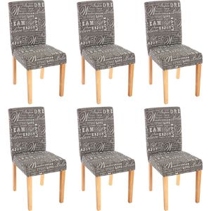 Set van 6 eetkamerstoelen Keukenstoel Littau ~ textiel met letters, grijs, lichte poten