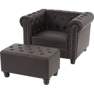 Luxe fauteuil ligstoel Chesterfield kunstleer ~ ronde poten, bruin met voetenbankje