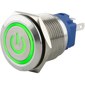 SeKi Roestvrij stalen drukknop Ø19mm tastend platte kop gekleurd verlicht powersymbool in groen soldeer/platte stekker 0,5x2,8 aansluiting; belknop