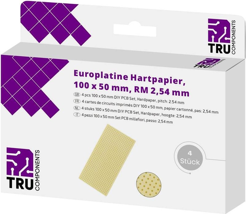 TRU COMPONENTS Printplaat Zonder Cu-laag Hardpapier (l x b) 100 mm x 50 mm 35 µm Rastermaat 2.54 mm Inhoud 4 stuk(s)
