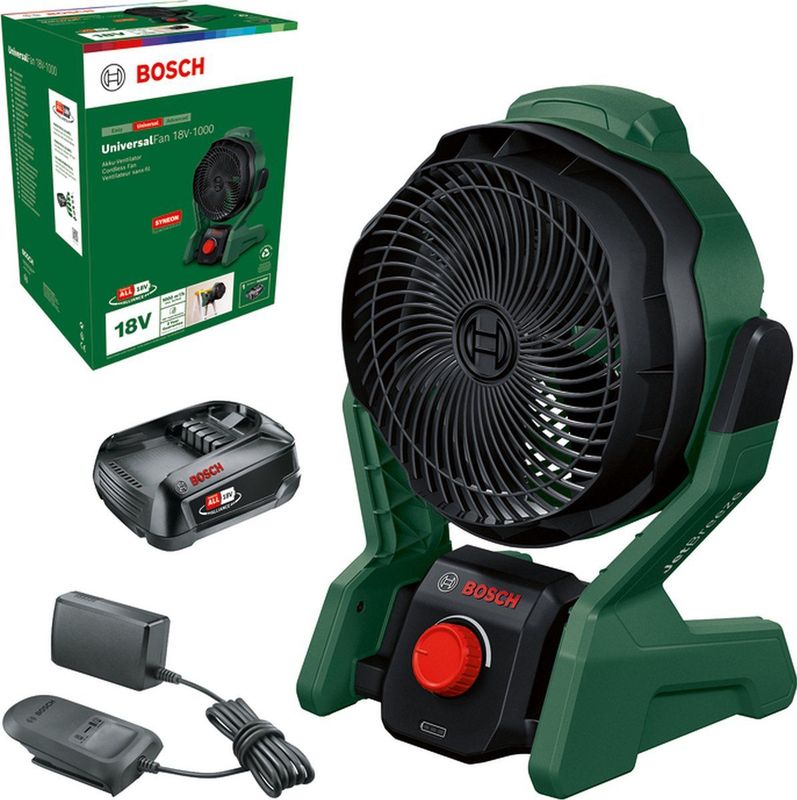 Bosch Accuventilator UniversalFan 18V-1000 (1x 2,0Ah accu 18-volt-systeem; voor doe-het-zelvers, camping en meer; luchtvolumestroom: 1.000 m³/h; in doos) testscore: zeer goed (magazijn: zelf is de