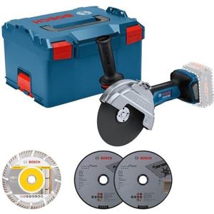 Bosch Professional BITURBO Accu-haakse slijper GWS 18V-180 P (Ø schijf 180 mm, snijdiepte 230 mm, beschermingsschakelaar, incl. 2 x snijschijf, 1 x diamantschijf, in L-BOXX)