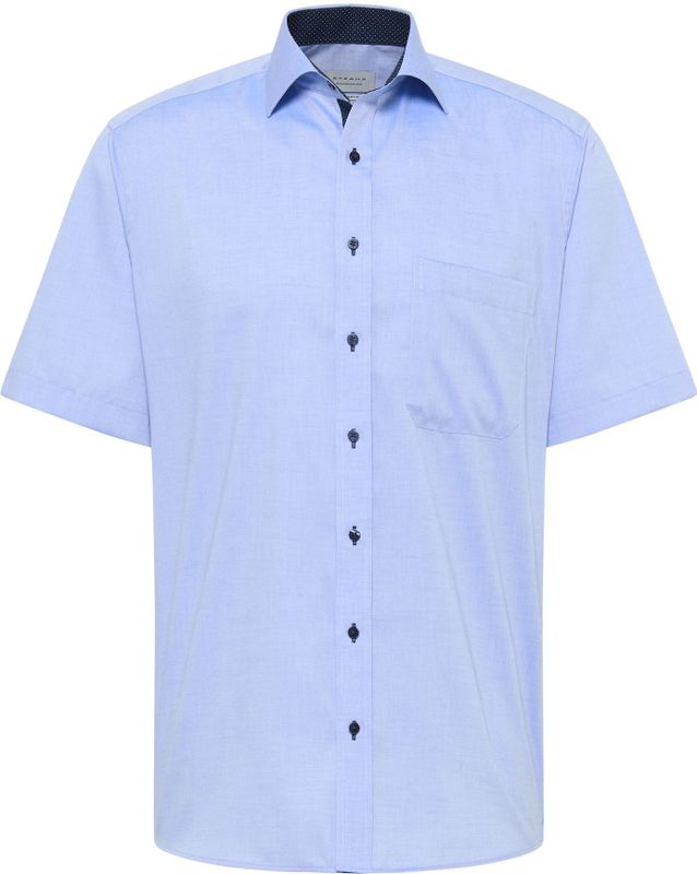 ETERNA - Blauw Effen Overhemd - 100% Katoen - Korte Mouwen - Kent Kraag