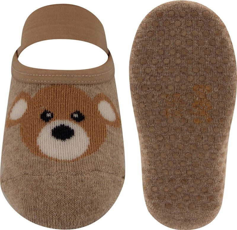 Ewers - Slofjes - Zand/Beige met Bruin Beertje - Antislip met Siliconen Nopjes