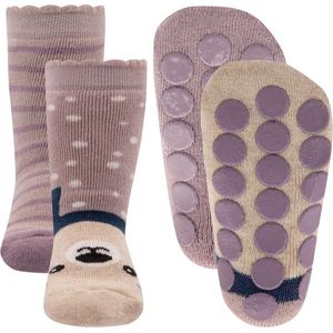 Antislipslof Ewers Dubbelpak - Berenhoofdje / Roze met Strepen - Noppen-27/30