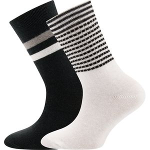 2-Pack Kindersokken Ewers - Set van 2 paar - Zwarte met Witte en Grijs Banen - Wit met Zwarte Streepjes-31/34