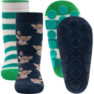 Ewers Antislipsok 2-pack - 2 paar - Donkerblauw met Lemuur en Groen/Wit gestreept - Siliconen Nopjes-17/18