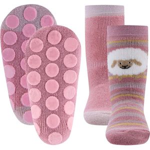 Ewers Antislipsok - 2-Pack - Wit Schaap en Streepjes & Effen Roze - Roze Sokken - Oudroze Accenten - Antislipnopjes - maat 31/34