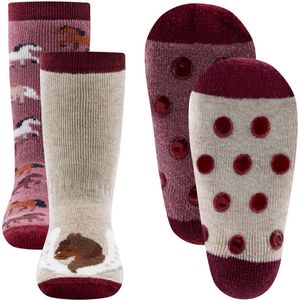 Ewers Antislipsok - 2-Pack - Paarden Diverse Kleuren & Hoefijzer/Paard - Rozerood & Ecru/Beige met Rood - Antislipnopjes - maat 19/22