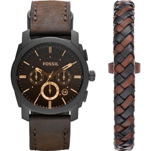 Fossil - Machine - Polshorloge - Roestvrijstaal - Gevlochten Leren Armband