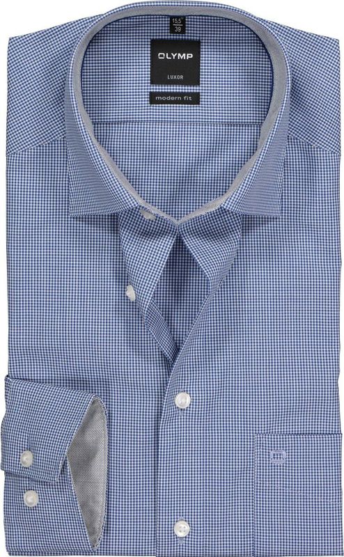 OLYMP - Blauw Geruit Overhemd - 100% Katoen - Kent Kraag - Lange Mouwen
