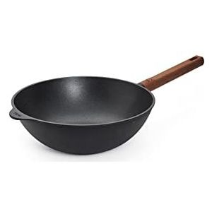 Woll Diamond QXR Eco Logic gietijzeren wok en mengpan, inductief, Ø 28 cm, 10 cm hoog, met stevige duurzame houten steel, geschikt voor alle warmtebronnen, PFAS-vrij, aluminium, ovenbestendig, zwart