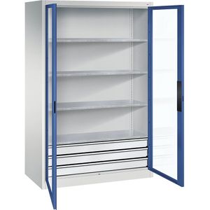 C+P Vleugeldeurkast met zichtvenster, h x b x d = 1950 x 1200 x 600 mm, 4 legborden, 3 laden, lichtgrijs/gentiaanblauw