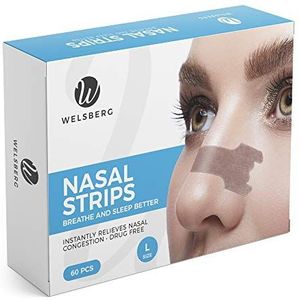 Welsberg 60 stuks Neusstrips, Anti-Snurk Pleister, Verlichting bij Verstopte Neus, Betere Ademhaling tijdens Slaap en Sport, Neuspleister voor Mannen en Vrouwen, Maat L, 66x19 mm