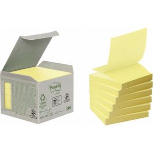 Post-it® Z-Notes, Gerecycleerd, Mini Toren, Geel, 76 x 76 mm, 6 Blokken, Non X-Wrapped, 100 Blaadjes/Blok