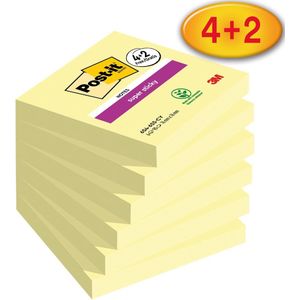 Post-it 654-SSCY-P4+2 Super Plakaantekeningen, Canariegeel, 76 mm x 76 mm, 90 Vellen/Pad, 4 + 2 Gratis Pads/Pakket,Geel