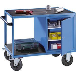 eurokraft pro Montagewagen, laadvermogen 500 kg, 1 kast rechts, werkvlak bestaande uit geprofileerde rubbermat, lichtblauw RAL 5012