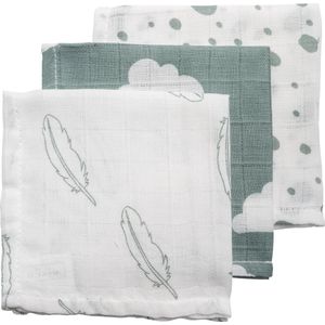 Meyco Baby Clouds/Dots/Feathers monddoekjes - 3-pack - hydrofiel - stone green - 30x30cm