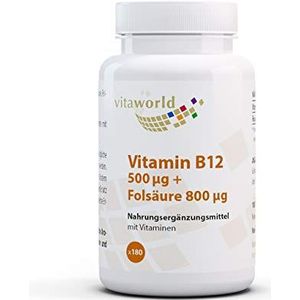 Vita World Vitamine B12 500 µg + Foliumzuur 800 µg 180 Tabletten Veganistisch/Vegetarisch - Gemaakt in Duitsland