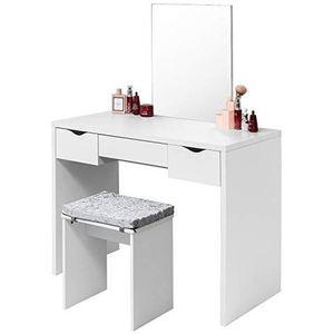 EUGAD Make-uptafel met kruk, een grote spiegel en 3 grote laden, 100 x 49,5 x 129,5 cm (l x b x h), bureau-make-uptafelset met groot tafelblad, wit