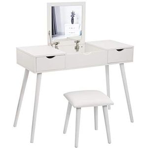EUGAD Make-uptafel met spiegel en kruk, kaptafel met opklapbare spiegel, bureau met 2 laden, 100 x 40 x 75 cm (l x b x h), make-uptafel, computertafel met groot tafelblad, wit