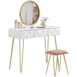 Eugad kaptafel met kruk en spiegel, 360 graden draaibaar, make-up-spiegel, kaptafel met 3 laden, gevoerde fluwelen kruk, 3D-effect lade, wit en goud