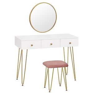 EUGAD 0017SZT Make-up tafel met kruk en spiegel, make-up commode met 3 laden, gouden onderstel, bureau van MDF en massief hout, 100 x 40 x 79 cm, wit + goud
