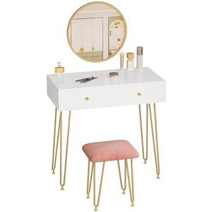 EUGAD 0018SZT Make-up tafel met kruk, kaptafel met ronde spiegel en 2 schuifladen voor slaapkamer, bureau van MDF en massief hout, gouden onderstel 80 x 40 x 77,5 cm, wit + goud