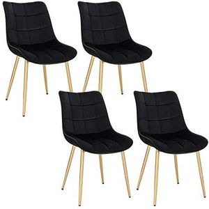 EUGAD 4X eetkamerstoelen set van 4 keukenstoel gestoffeerde stoel woonkamerstoel fauteuil met rugleuning, fluwelen zitting, gouden poten, 0670BY-4, zwart
