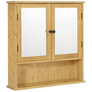 EUGAD Badkamerkast van bamboe, badkamerkast met spiegeldeuren, meubels met 1 verstelbare planken en 1 open vak, keuken en slaapkamer, 56 x 14 x 58 cm