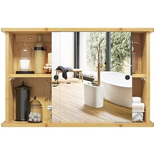 EUGAD Spiegelkast voor badkamer, badkamerkast met spiegels, hangende badkamerkast met schuifdeuren, hangkast voor badkamer, met verstelbare plank, van bamboe, 55 x 35,5 x 14 cm
