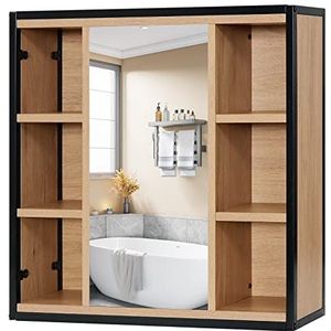 EUGAD Spiegelkast voor badkamer, badkamerkast met spiegel, kast met badkamerspiegel, hangkast voor de badkamer, met verstelbare planken, van metaal en hout, 60 x 58 x 16 cm
