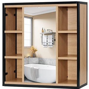 EUGAD Spiegelkast voor badkamer, badkamerkast met spiegel, kast met badkamerspiegel, hangkast, badkamer, met verstelbare planken, van metaal en hout, 60 x 58 x 16 cm