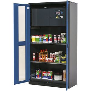 asecos Chemicaliënkast, deur met kijkvensters, met box voor gevaarlijke stoffen type 30, gentiaanblauw