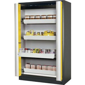 asecos Brandveiligheids-opslagkast voor gevaarlijke stoffen met vouwdeuren type 90, met 4 laden, deur geel