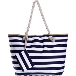 Grote waterafstotende strandtas met rits 58 x 38 x 18 cm gestreept donkerblauw wit shopper schoudertas