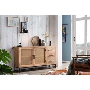 Hermoso Living - CANE - Sideboard - Buffetkast- Dressior - naturel mango hout met rotan front en zwart stalen frame - 2 deuren en 3 lades