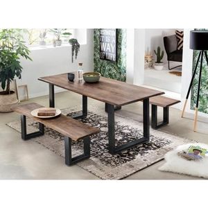 Sit Furniture Eettafel van acacia massief hout met boomrand stalen frame zwart walnoot 180x90 cm