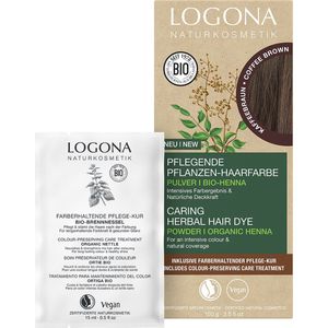 LOGONA Naturkosmetik Pflegende pflanzliche Haarfarbe, Veganes Haarfarbe-Pulver mit Bio-Henna für intensive Farbe und Glanz, Pflanzenhaarfarbe in Kaffeebraun (Braun), 1 x 100g