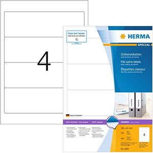 HERMA 4284 A4 ondoor etiket, kort/ras (192 x 61 mm, 100 velles, papier, mat) zelfklevend, bedrukbaar, permanent klevende mapetikettes, 400 etiketten voor printer, wit