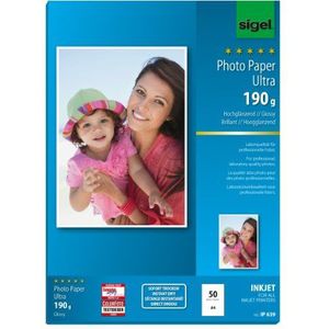 SIGEL IP639 InkJet-fotopapier Ultra, A4, 50 vellen, hoogglanzend, extreem lichtbestendig, 190 g, voor hoogwaardige foto's