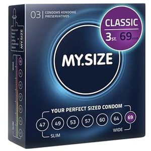 MY.SIZE Classic condooms maat 7 I 69 mm breed I 3 stuks proefverpakking I Premium condooms extra dun I condooms true to touch gossamer I dunne 0,07 mm wanddikte I condooms veganistisch