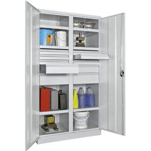 Pavoy Zwaarlastkast, hoogte 1950 mm, 6 legborden, 10 laden, grijs
