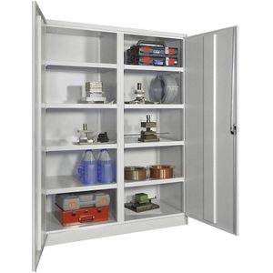 Pavoy Zwaarlastkast, extra breed, hoogte x breedte x diepte = 1950 x 1470 x 630 mm, 8 legborden, 1 middentussenwand, grijs