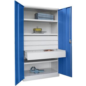 Pavoy Zwaarlastkast, hoogte 1950 mm, 3 legborden, 4 laden, grijs / blauw