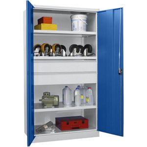Pavoy Zwaarlastkast, hoogte 1950 mm, 3 legborden, 2 laden, grijs / blauw