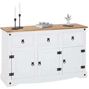 Dressoir Campo in Mexico-stijl commode massief grenen wit met 3 laden en 3 deuren buffetkast servieskast