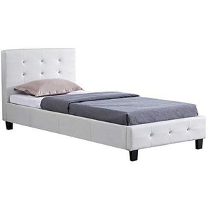 CARO-Möbel Glasgow Gestoffeerd bed, bedframe 90 x 200 cm eenpersoonsbed, designbed met strass-steentjes inclusief lattenbodem, imitatieleer in wit