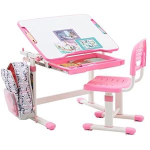 Kinderbureau met stoel TUTTO in wit/roze in hoogte verstelbaar en kantelbaar met lade en pennenbak, bureau in hoogte verstelbaar voor kinderen, tafel met kantelbaar werkblad met rugzakhouder